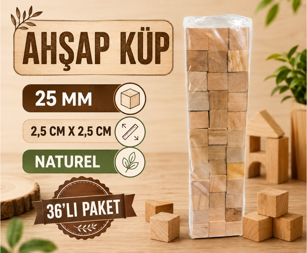 Ahşap Küp Naturel 2.5x2.5 cm 36'lı Paket