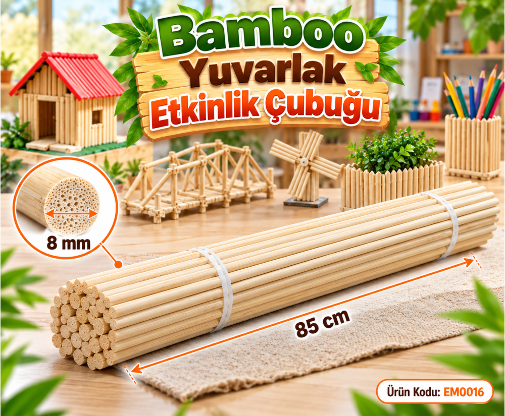 Bamboo Yuvarlak Etkinlik Çubuğu (8 mm X 85 cm) 50 'li Paket 