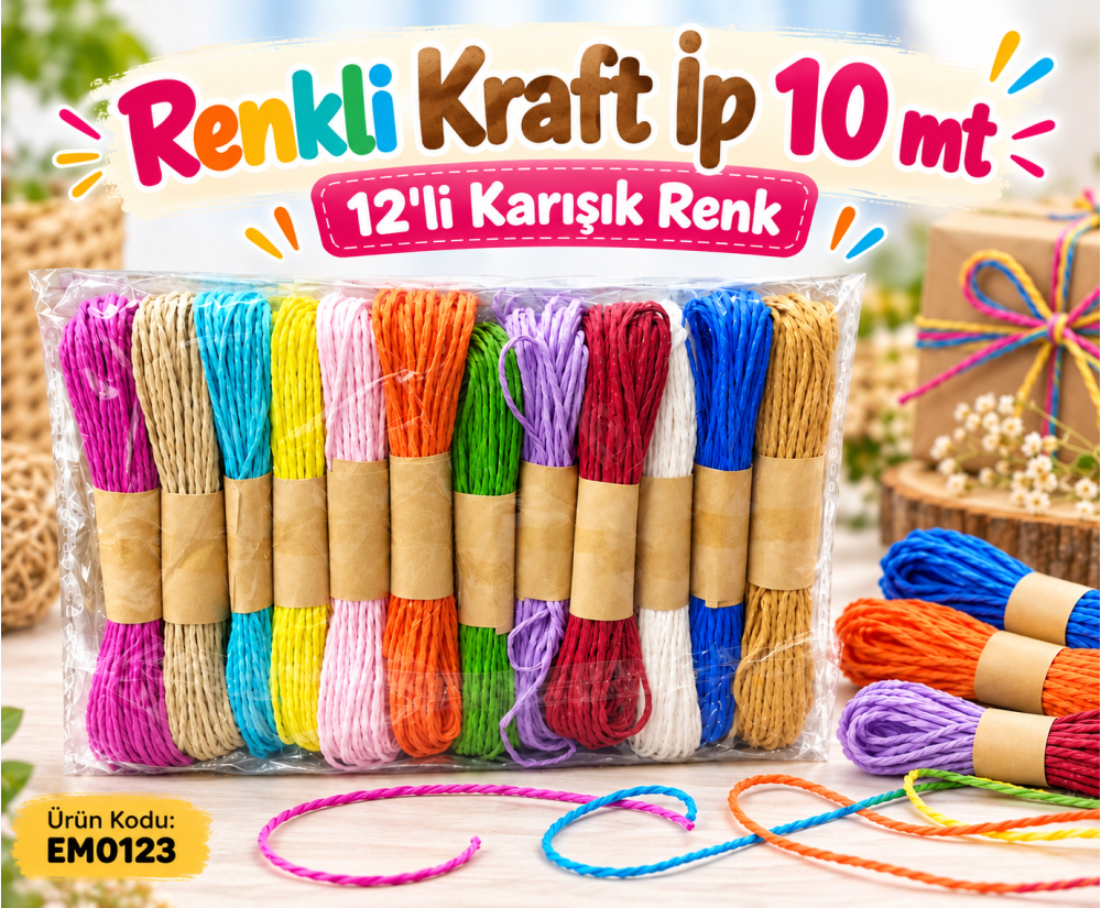 Renkli Kraft İp 10 MT 12'li 